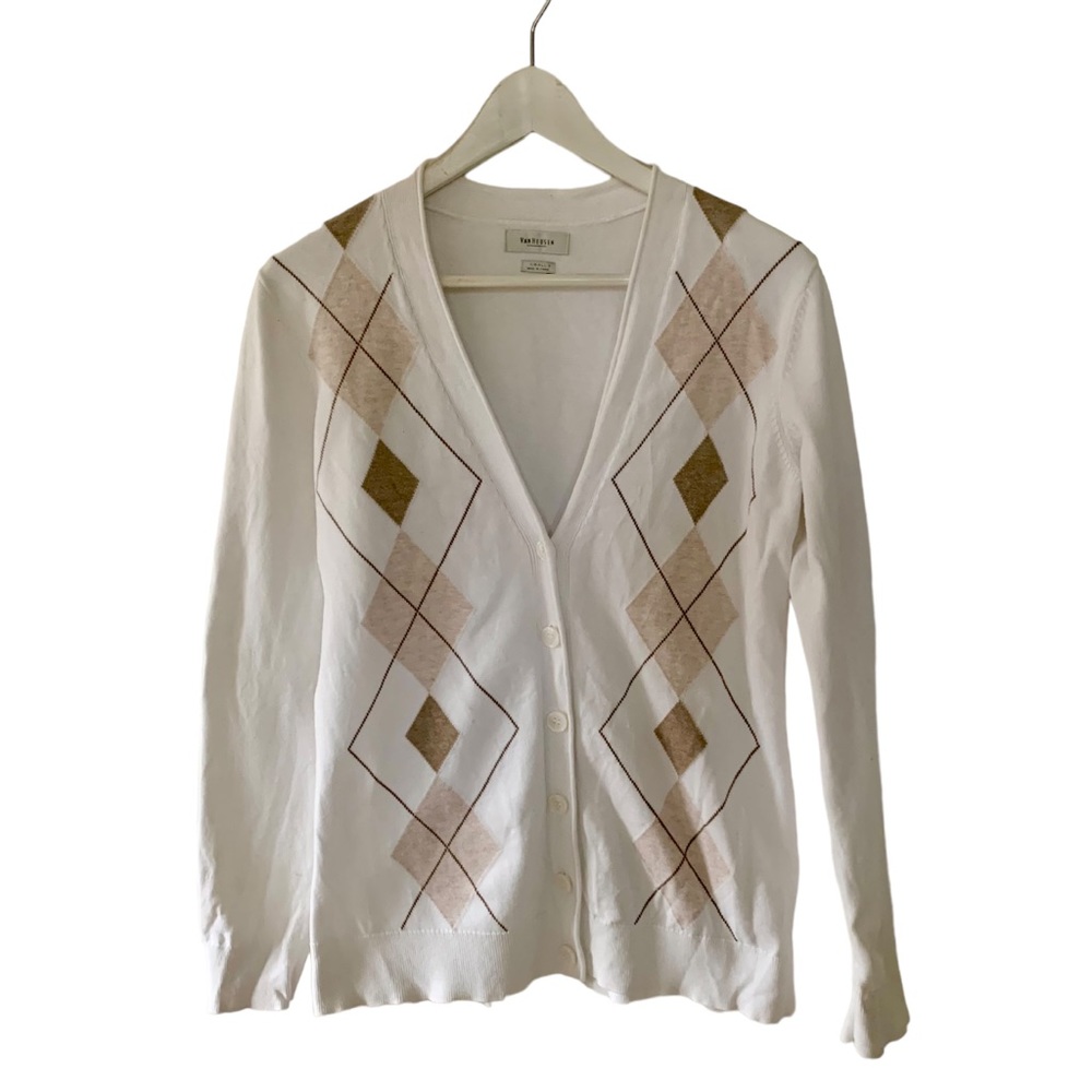 Vintage Women’s Argyle Sweater Cardigan Size Small Cream Off White Brown Cotton